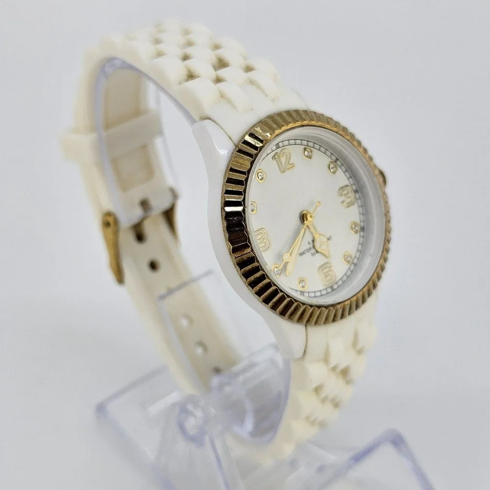 35MM Women Watch White Dial‎ Gold Bezel White Plastic Band Straps New Battery